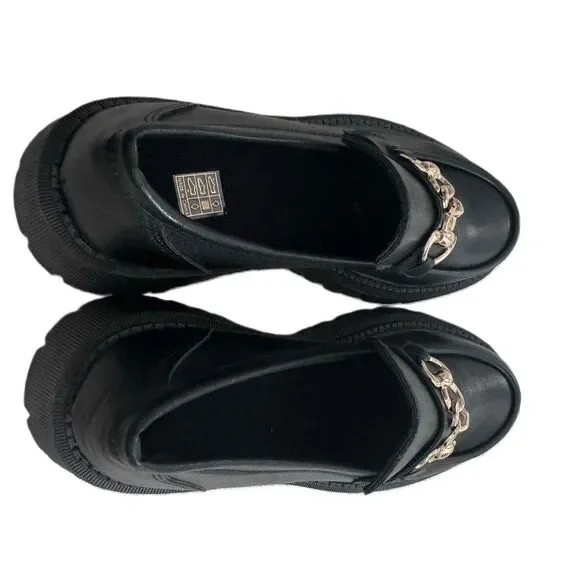 Lug Sole Loafers Black Gold Chain Embellished Chunky Sole Polished NWOT Size 40 - Picture 9 of 10